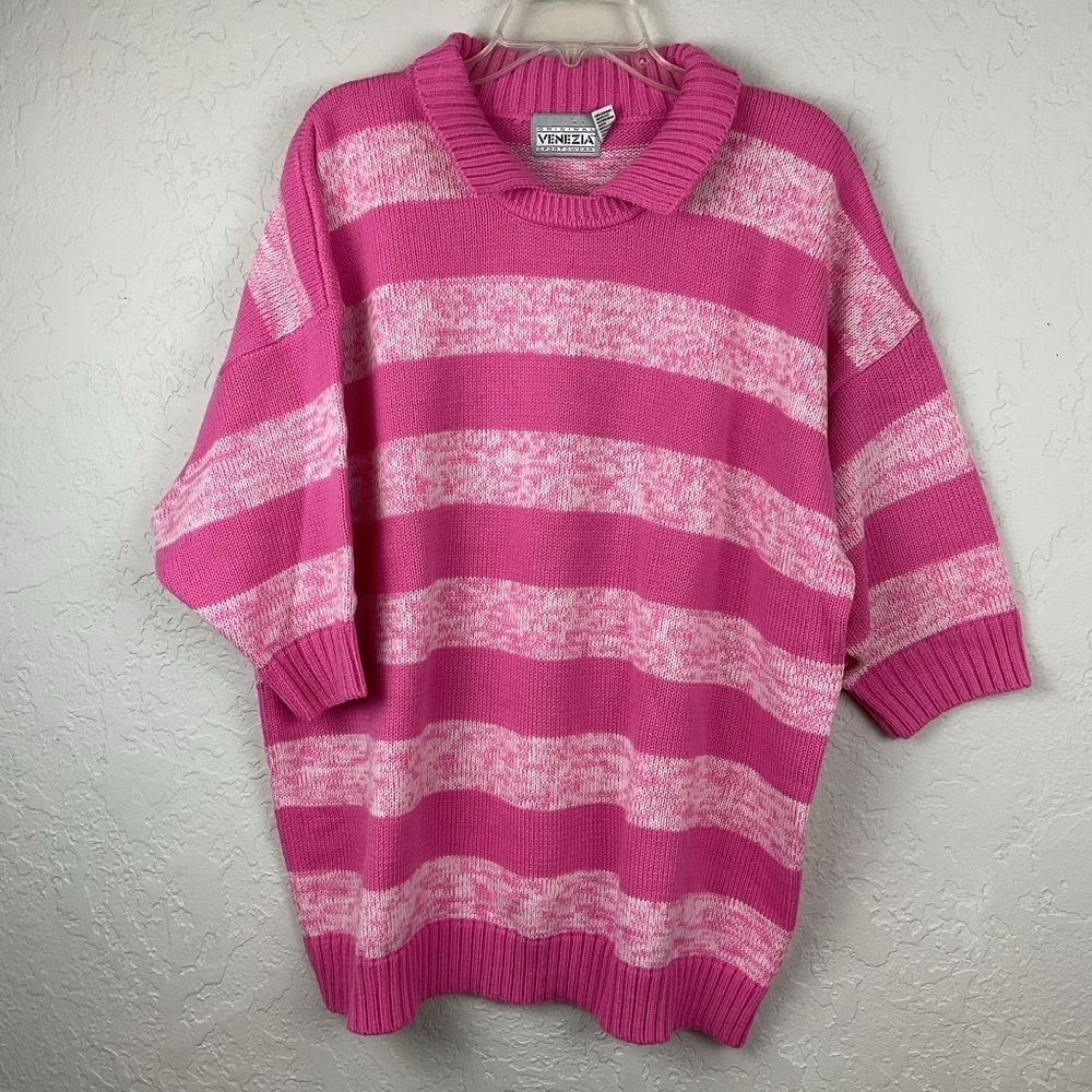Women’s 80s Venezia Pink Striped Collared Shortsleeved Sweater One Size